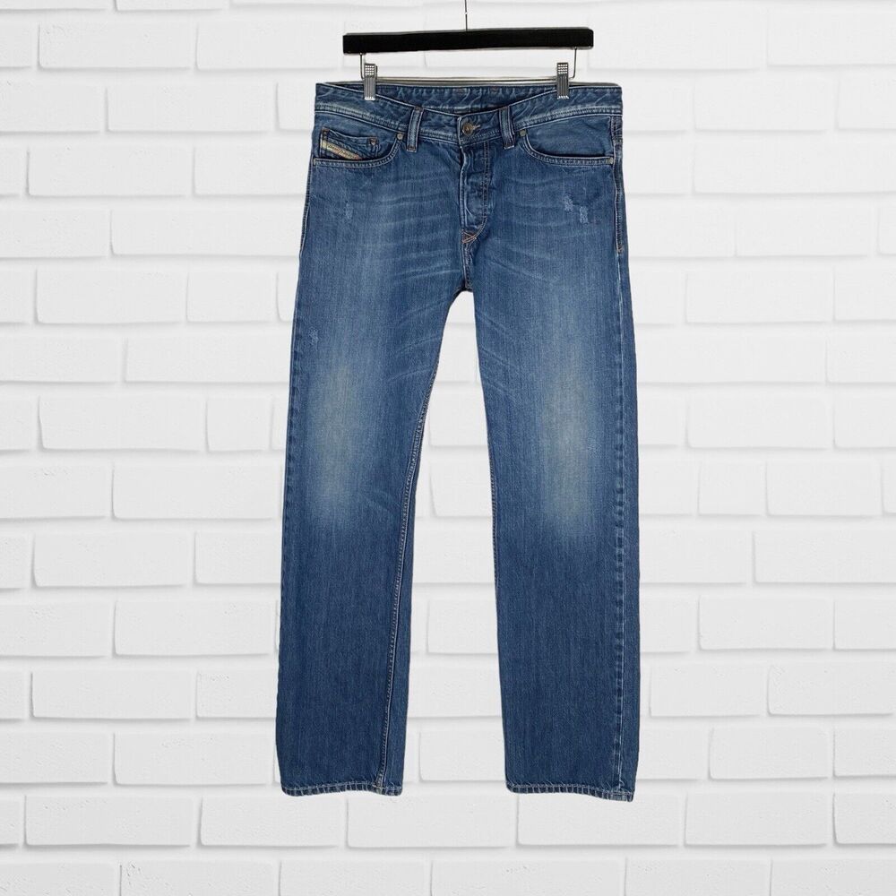 Diesel Mens Jeans 34x32 Viker Blue Denim Button Fly Regular Straight Distressed